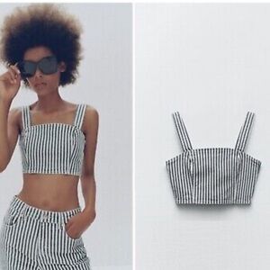 Zara Denim Bustier Railroad Stripe Blue White Stretch Crop Top Sz M Coquette NWT